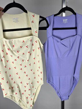 SheCurve Ribbed Square Neck Bodysuits Bundle XL Cherry & Lavender